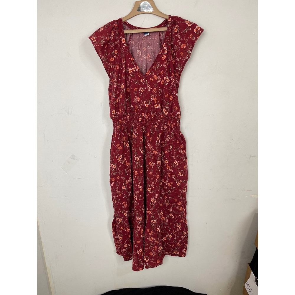 Old Navy Red Floral Plunge V-Neck Smocked Waist Midi Dress XL Pockets 519460-00